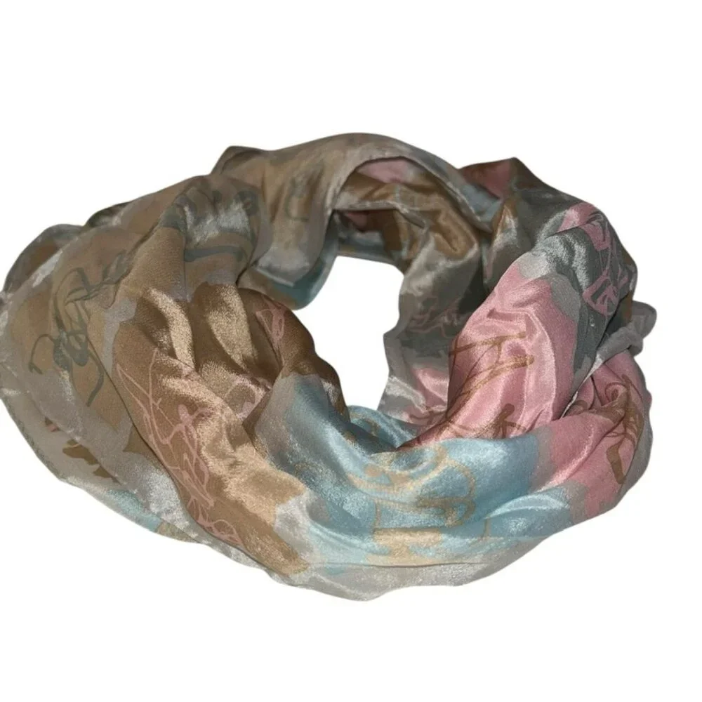 Vintage 100% silk pink taupe blue squiggles abstract Art to Wear scarf